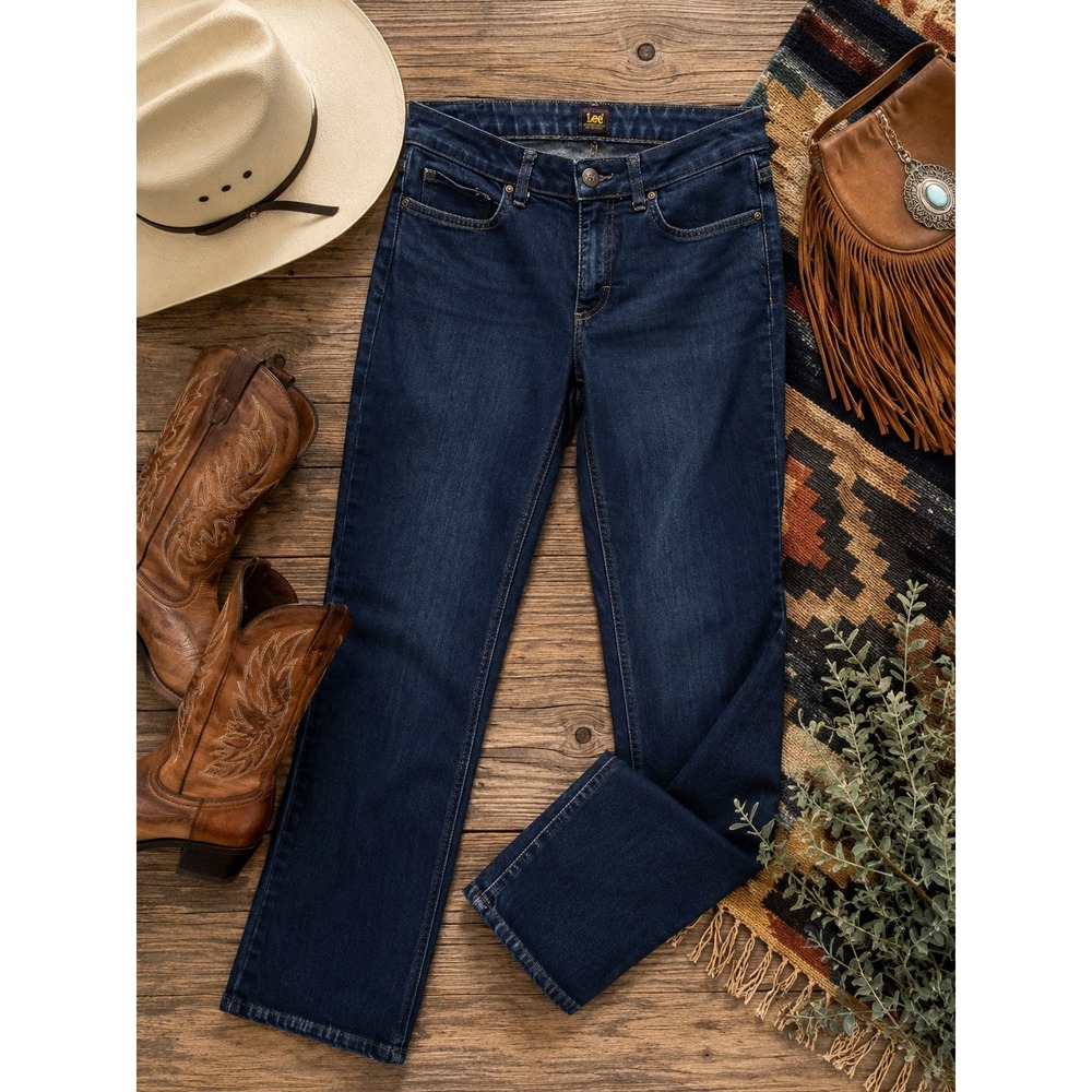 Lee Women's Dark Wash Straight Leg Jeans Stretch Denim Size 31 Classic Mid Rise